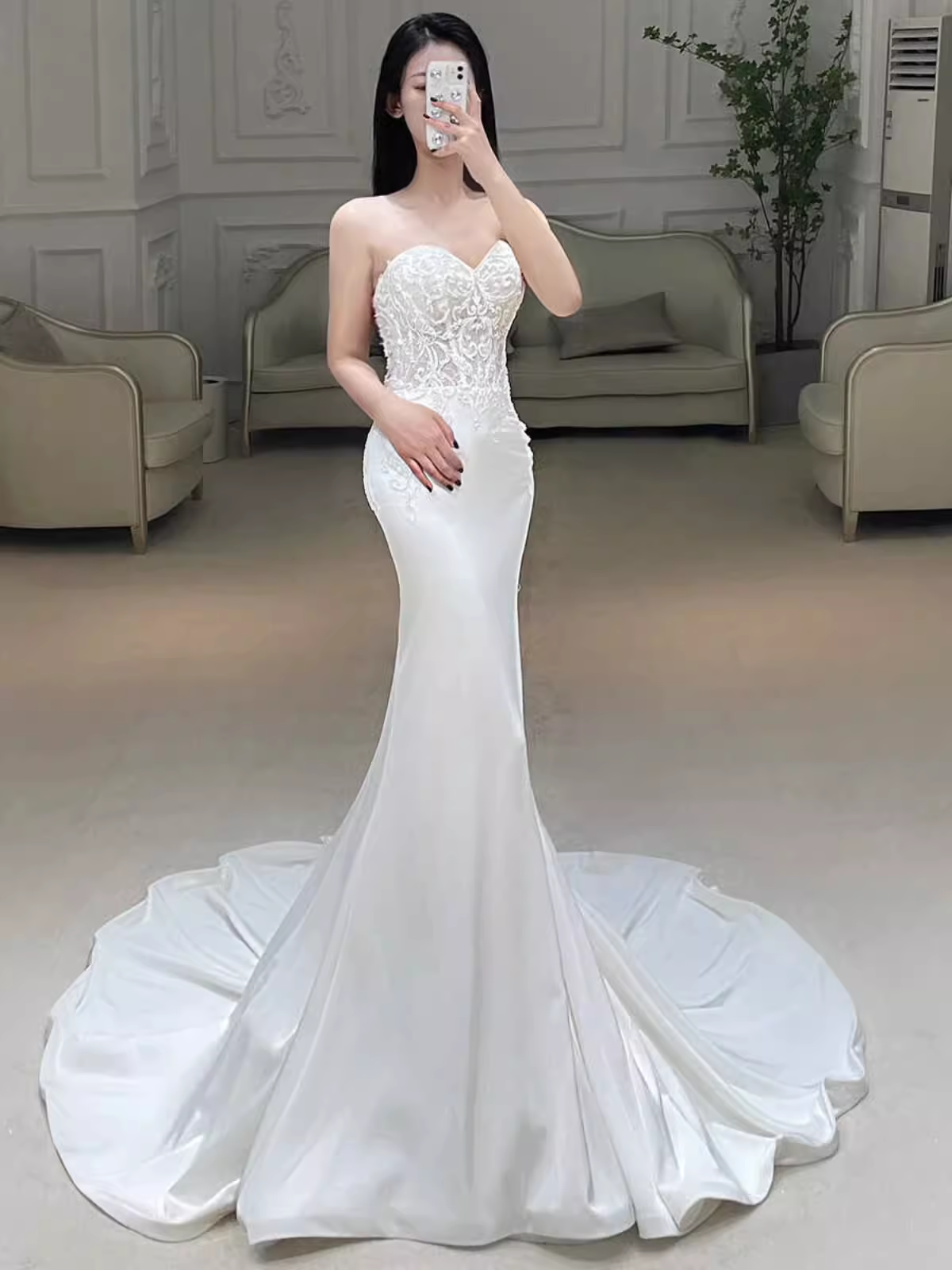 Fairytale Mermaid Strapless Lace White Long Wedding Dresses