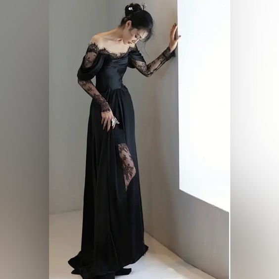 Fairytale Mermaid Long Sleeves Lace Black Off The Shoulder Wedding Dress