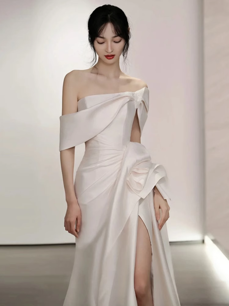 Fairytale Mermaid Short Sleeves White Off The Shoulder Slit Wedding Dress