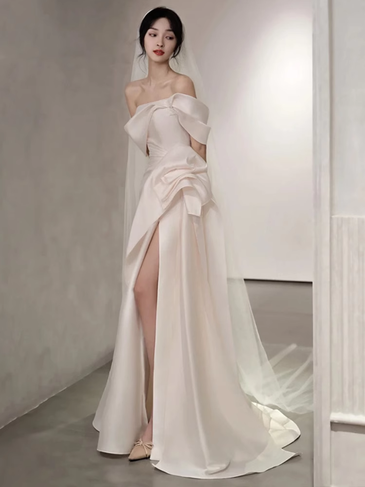 Fairytale Mermaid Short Sleeves White Off The Shoulder Slit Wedding Dress