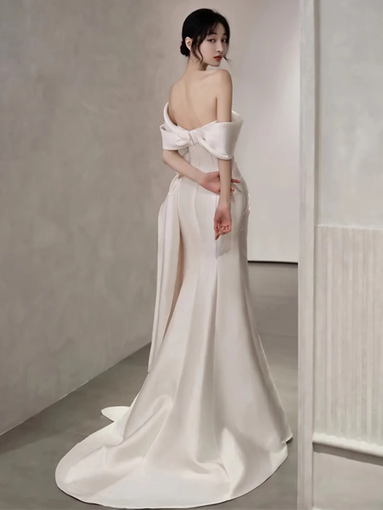 Fairytale Mermaid Short Sleeves White Off The Shoulder Slit Wedding Dress