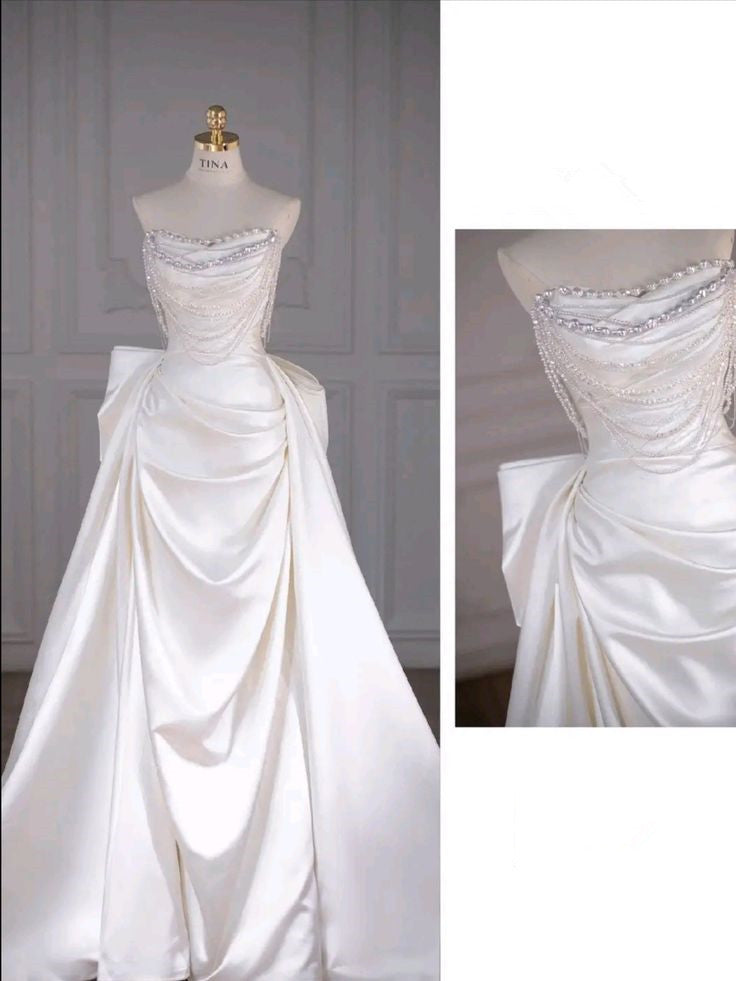 Fairytale Mermaid Strapless White Satin Long Wedding Dress