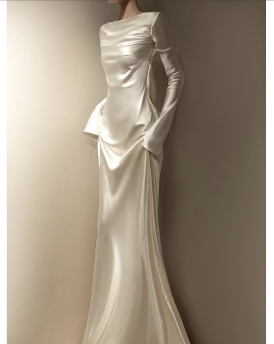 Fairytale Mermaid Scoop Neckline Long Sleeves Satin Long Wedding Dress