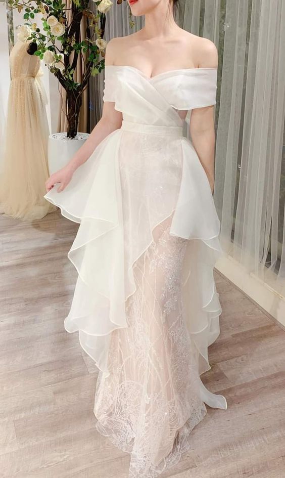 Fairytale Mermaid Off The Shoulder Lace Short Sleeves Long Wedding Dress