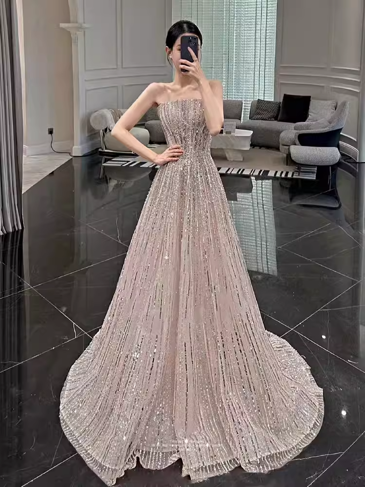 Sexy A Line Strapless Sleeveless Sequin Long Prom Dress