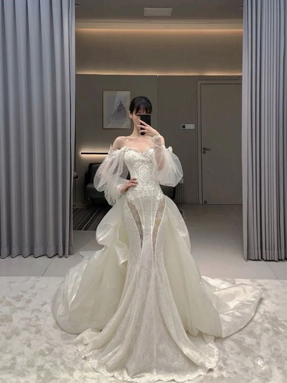 Luxury Mermaid Off The Shoulder Satin White Long Lace Wedding Dresses Brides Gown