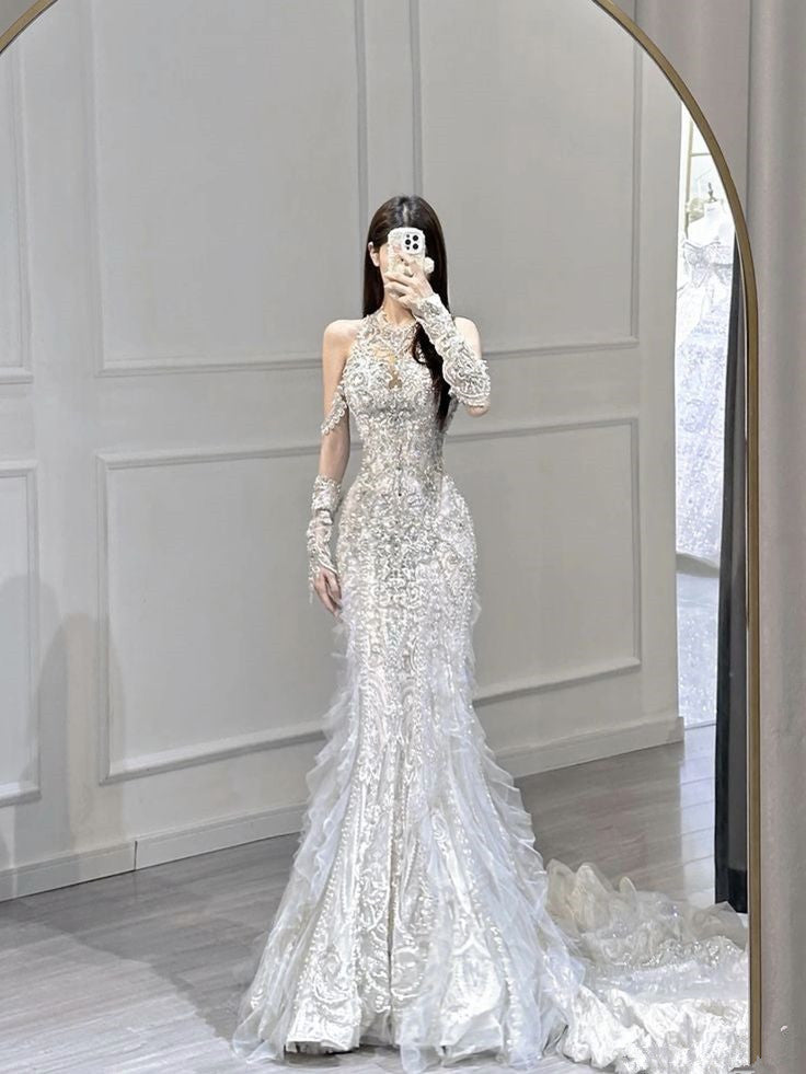 Luxury Mermaid Scoop Neckline Sequin White Long Sleeves Wedding Dresses Brides Gown