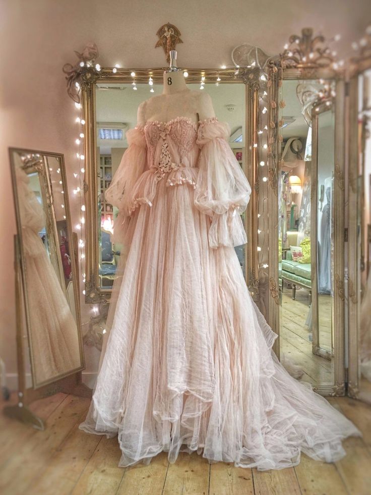 Fairytale A line Off The Shoulder Long Sleeves Pink Tulle Wedding Dress