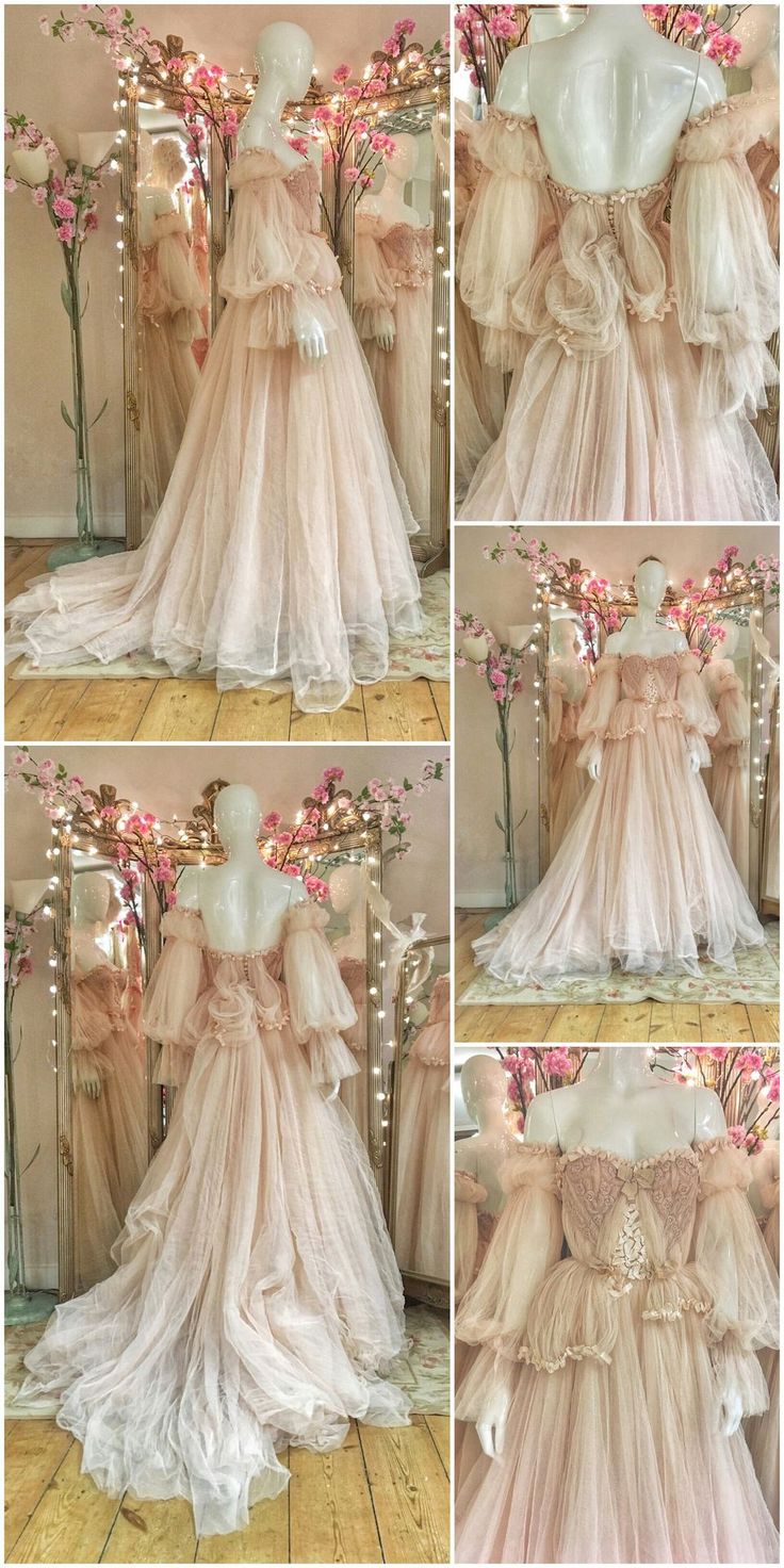 Fairytale A line Off The Shoulder Long Sleeves Pink Tulle Wedding Dress