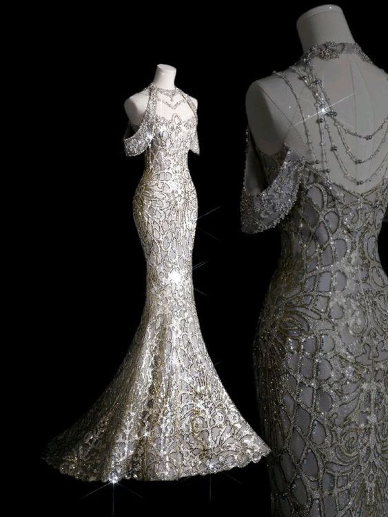Fairytale Mermaid High Neckline Sequin Silver Wedding Dress With Beads