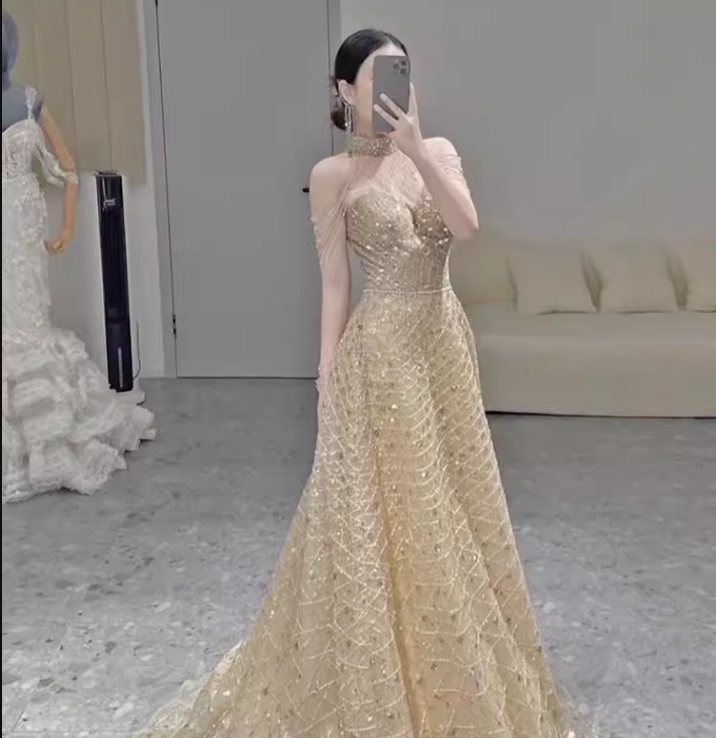 Sexy A Line High Neckline Sleeveless Sequin Long Prom Dress