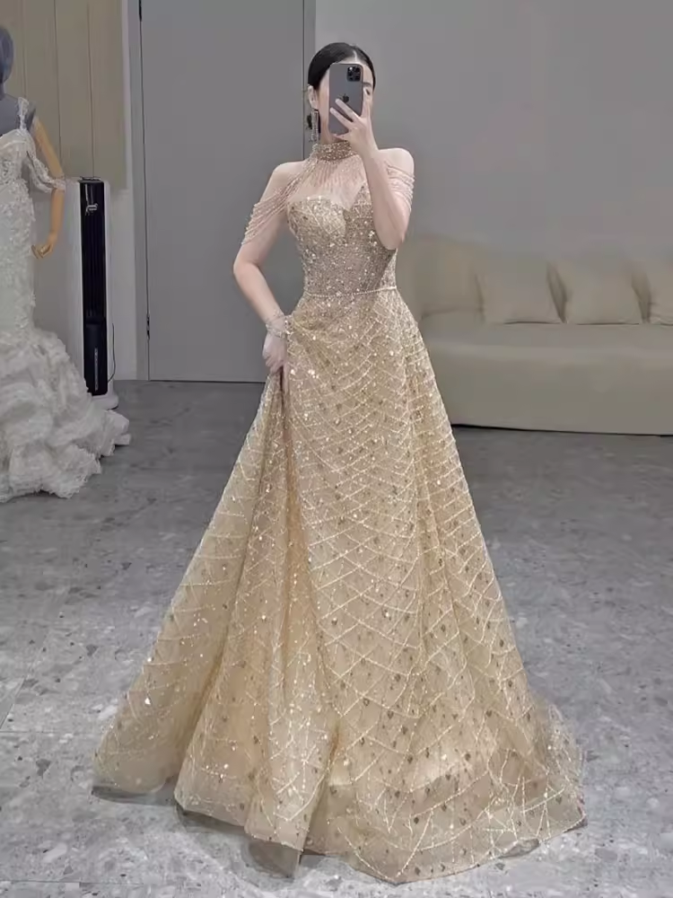 Sexy A Line High Neckline Sleeveless Sequin Long Prom Dress