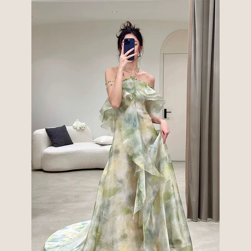 Elegant A Line Halter Chiffon Ombre Green Long Prom Dresses Evening Party Dress