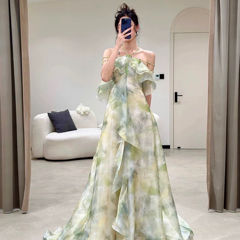 Elegant A Line Halter Chiffon Ombre Green Long Prom Dresses Evening Party Dress