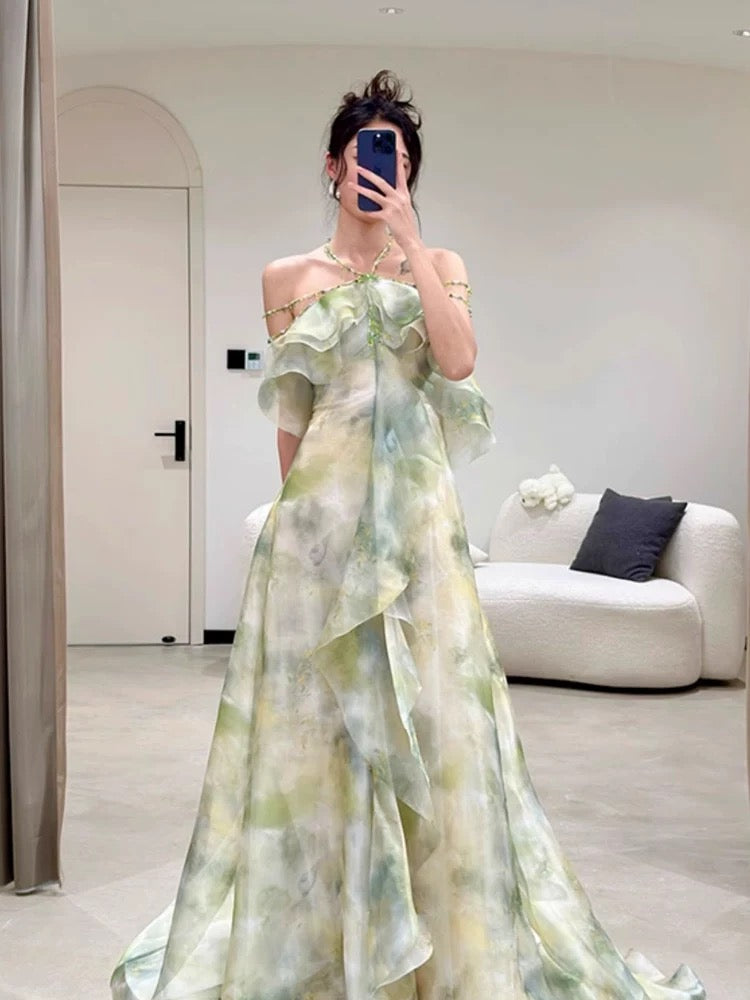 Elegant A Line Halter Chiffon Ombre Green Long Prom Dresses Evening Party Dress