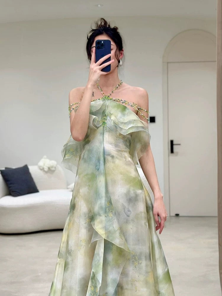 Elegant A Line Halter Chiffon Ombre Green Long Prom Dresses Evening Party Dress