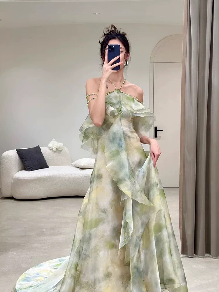 Elegant A Line Halter Chiffon Ombre Green Long Prom Dresses Evening Party Dress