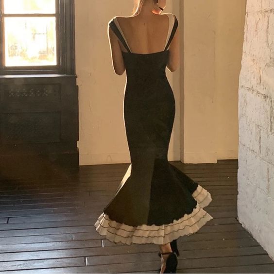 Elegant Mermaid Straps Chiffon Black Prom Dresses