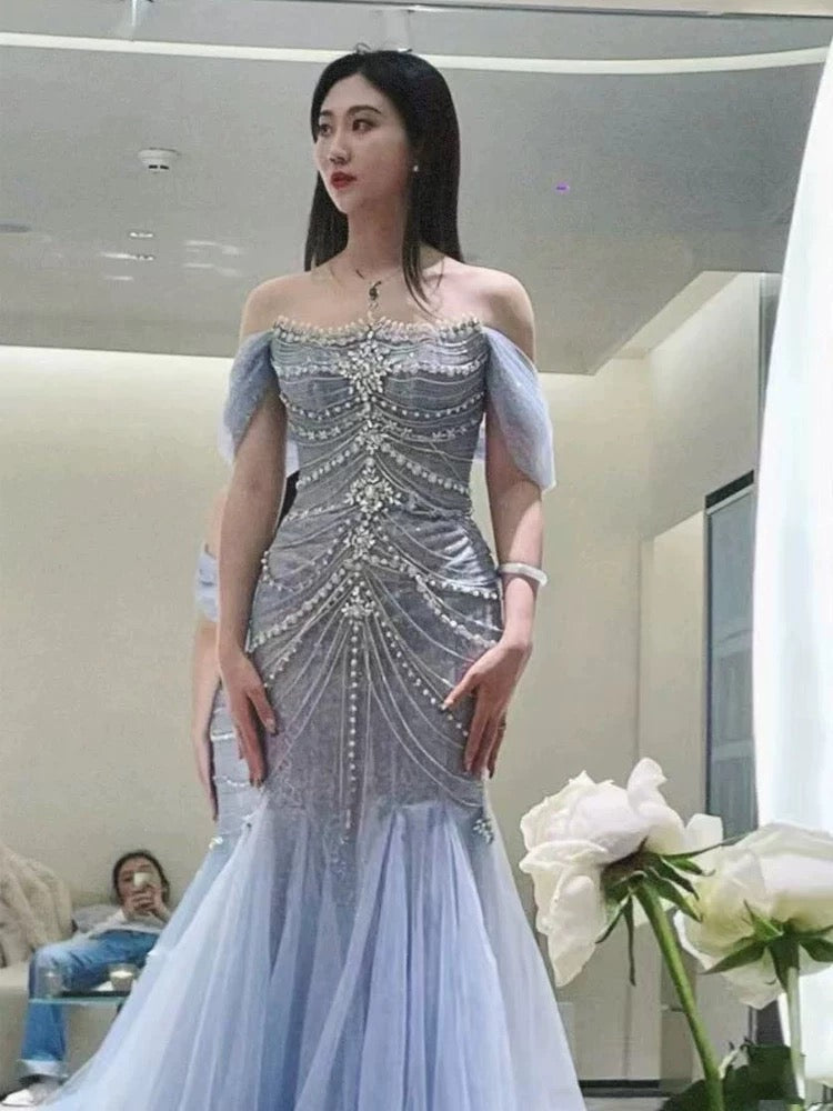 Elegant Mermaid Off The Shoulder Blue Tulle Prom Dresses