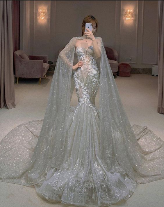 Fairytale Mermaid Sweetheart Lace Sequin Long Wedding Dress With Cape