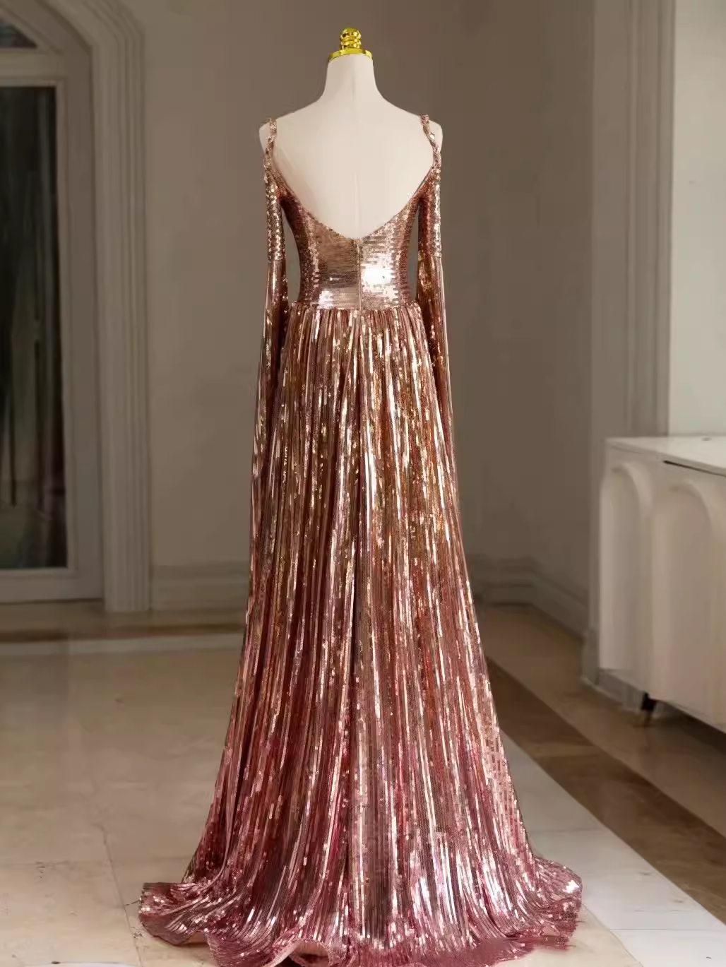Sexy A Line Straps Neckline Long Sleeves Sequin Long Prom Dress