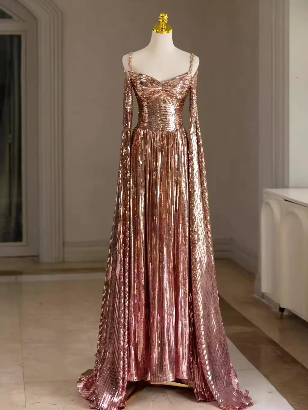 Sexy A Line Straps Neckline Long Sleeves Sequin Long Prom Dress