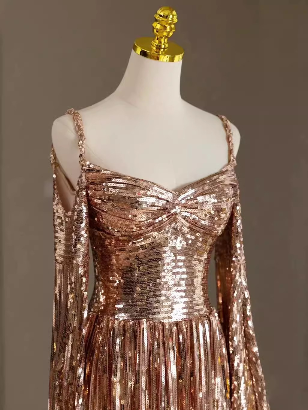 Sexy A Line Straps Neckline Long Sleeves Sequin Long Prom Dress