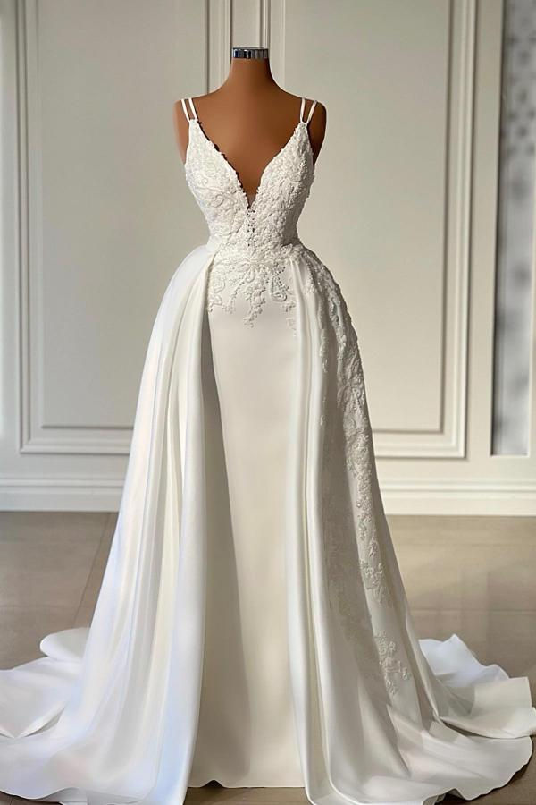 Fairytale Mermaid Straps Lace White Long Wedding Dresses