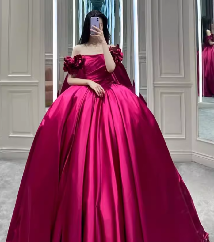 Sexy Ball Gown Off The Shoulder Cap Sleeves Satin Long Prom Dress