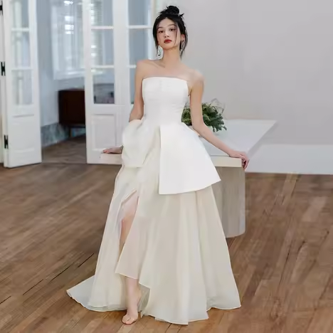 Vintage A Line Strapless Slit White Satin Wedding Dresses