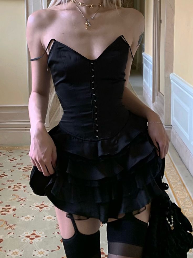 Black Corset Top Tiered Skirt Homecoming Dress Party Dress