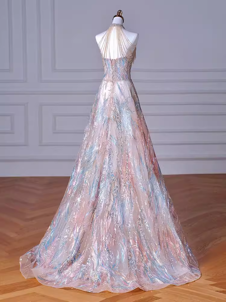 Sexy A line High Neckline Sequin Long Evening Dress Beading Prom Dress