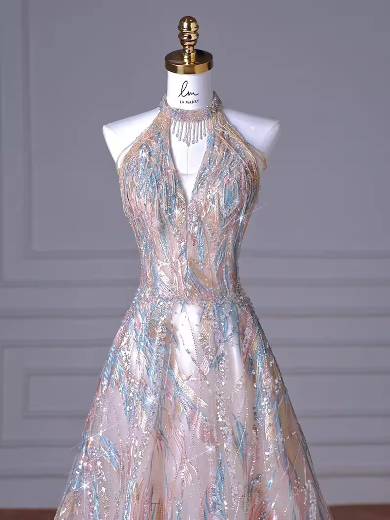 Sexy A line High Neckline Sequin Long Evening Dress Beading Prom Dress