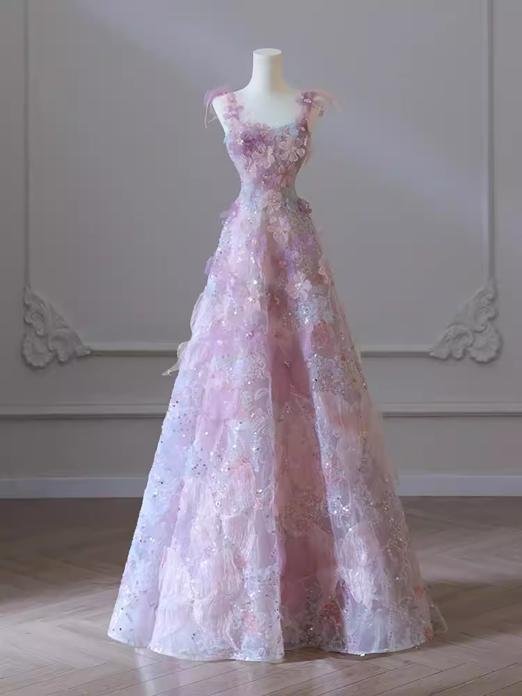 Sexy A line Straps Neckline Floral Long Evening Dress Lace Prom Dress