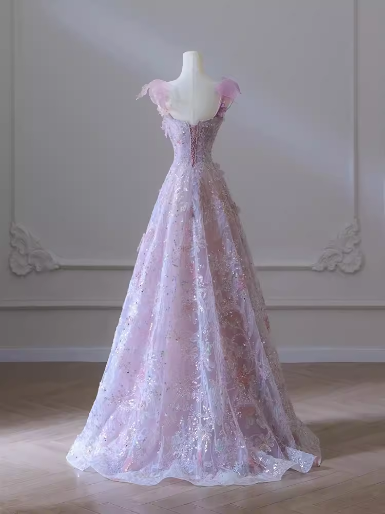 Sexy A line Straps Neckline Floral Long Evening Dress Lace Prom Dress