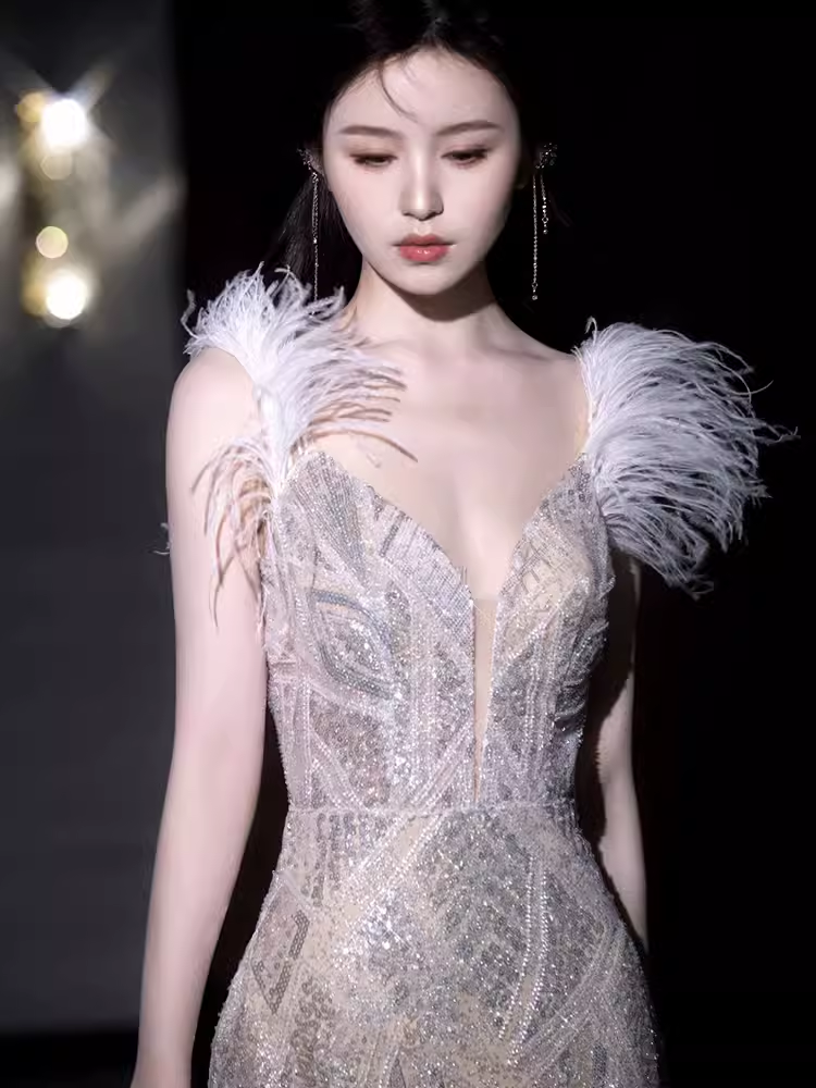 Sexy Mermaid Straps Sequin Long Evening Dress Feather Prom Dress