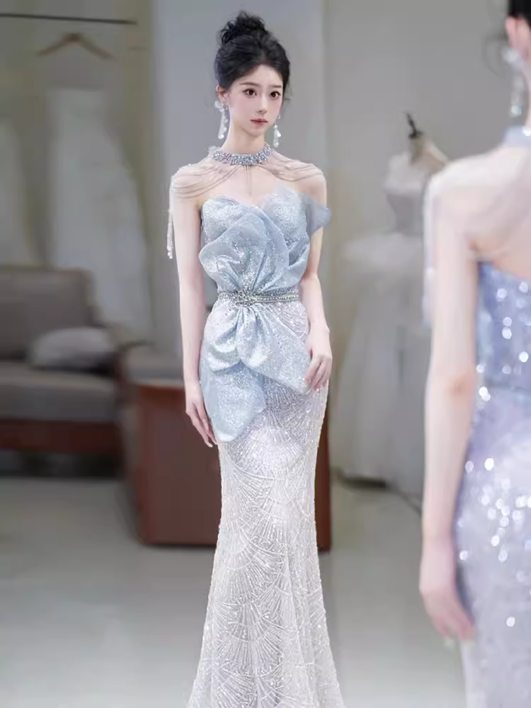 Sexy Mermaid High Neckline Sequin Long Evening Dress Beads Prom Dress