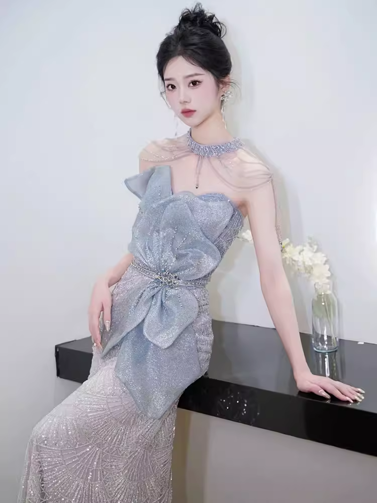 Sexy Mermaid High Neckline Sequin Long Evening Dress Beads Prom Dress
