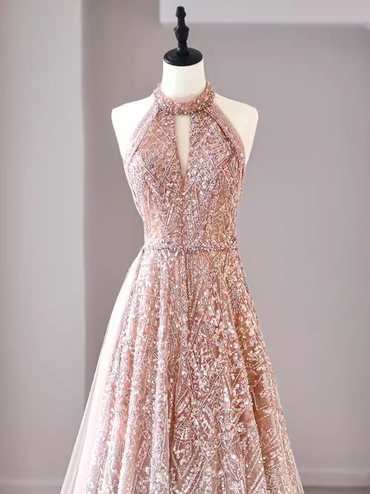Sexy A Line High Neckline Sequin Long Evening Dress Beads Prom Dress