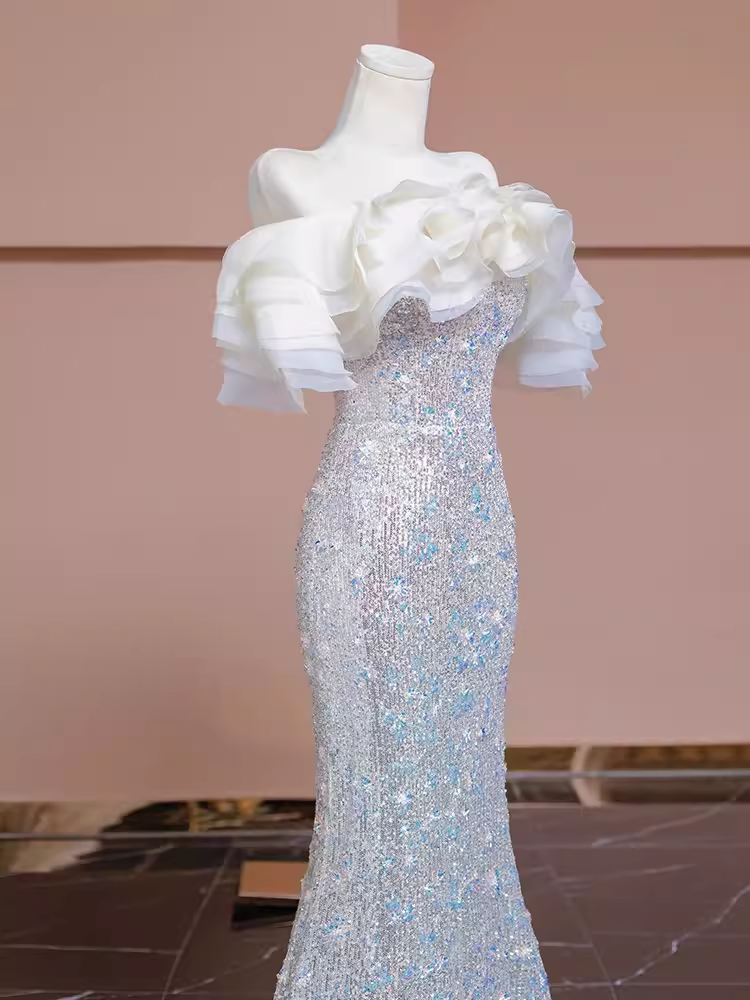 Modest Mermaid Off The Shoulder Sequin Long Evening Dress Beads Prom Dress
