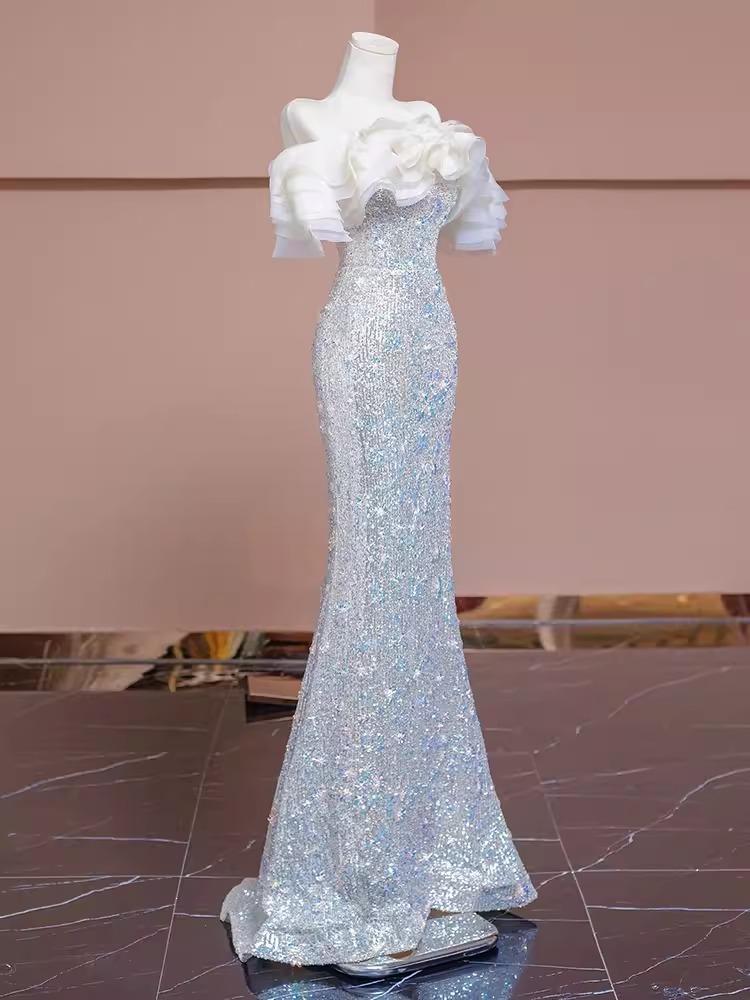 Modest Mermaid Off The Shoulder Sequin Long Evening Dress Beads Prom Dress