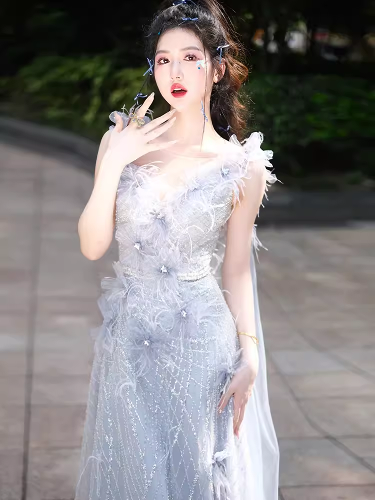 Fairytale Mermaid Straps Gray Sequin Long Evening Dress Beads Prom Dress
