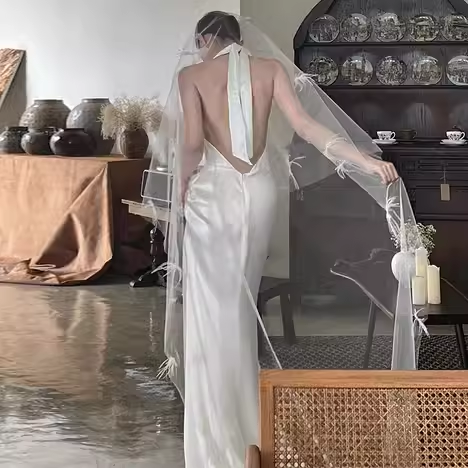 Vintage Mermaid Halter Backless White Satin Wedding Dresses