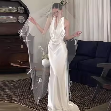 Vintage Mermaid Halter Backless White Satin Wedding Dresses