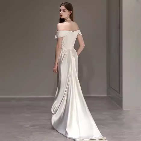 Simple Mermaid Off The Shoulder White Satin Wedding Dresses
