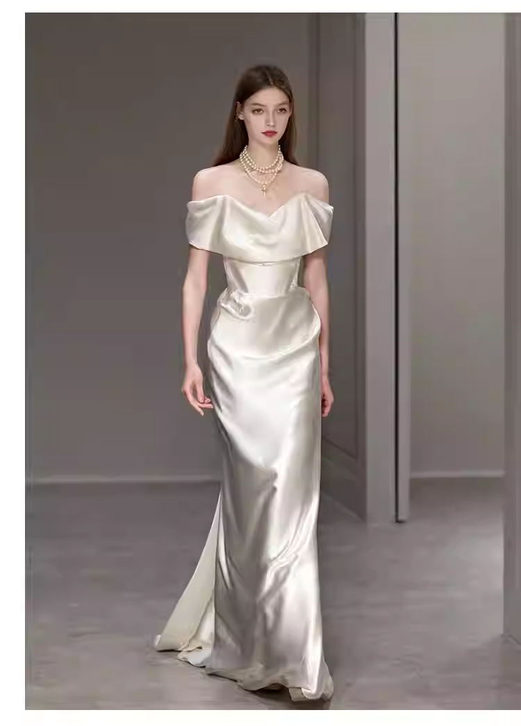 Simple Mermaid Off The Shoulder White Satin Wedding Dresses