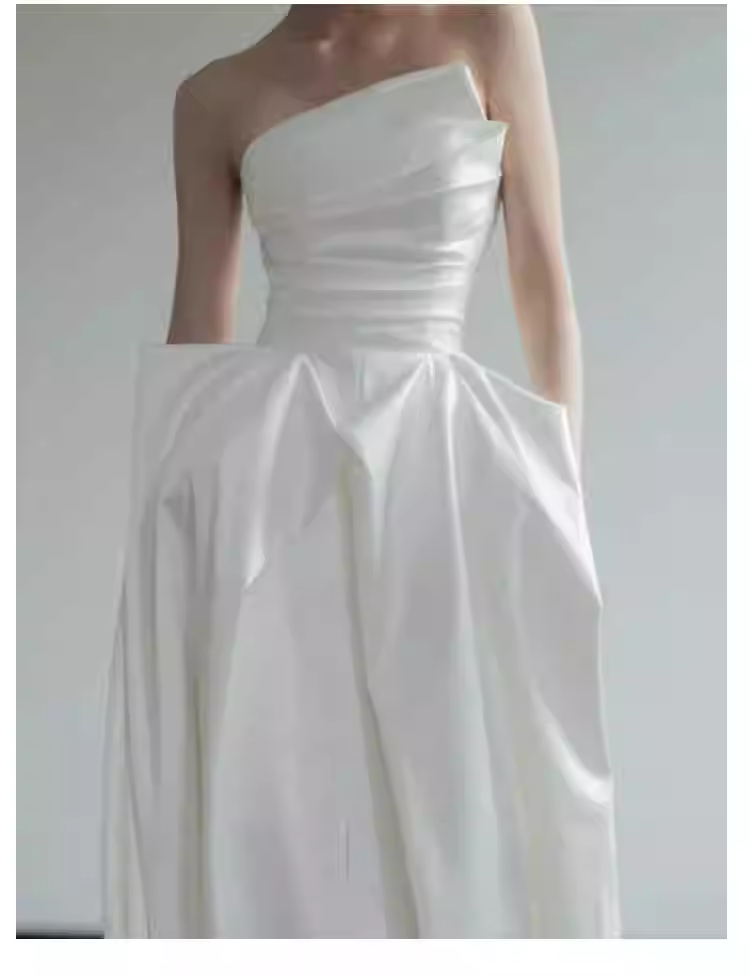 Simple A Line Strapless White Satin Wedding Dresses