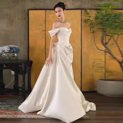 Simple A Line Off The Shoulder Satin Wedding Dresses