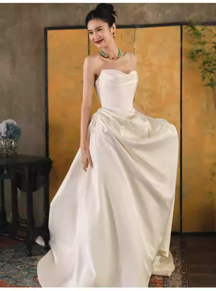 Simple A Line Off The Shoulder Satin Wedding Dresses