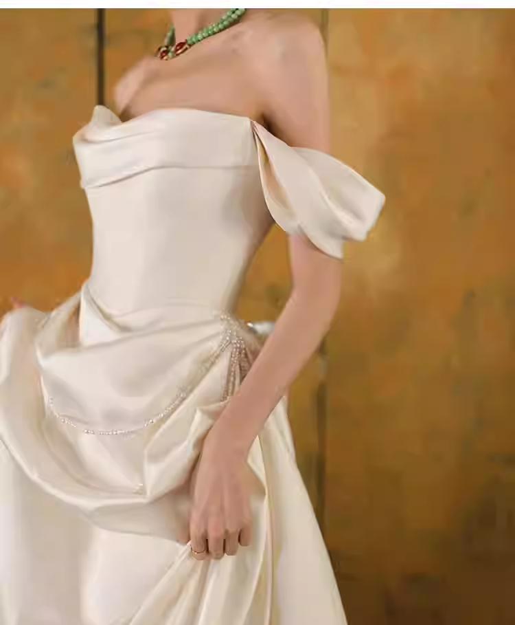 Simple A Line Off The Shoulder Satin Wedding Dresses